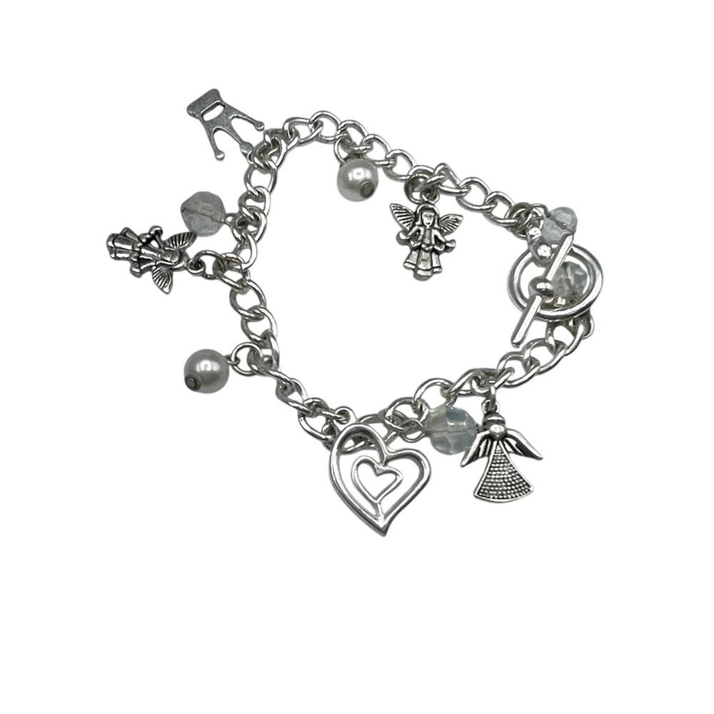 Silver Tone Angel Heart & Pearls Charm Bracelet Rhinestone Chunky
